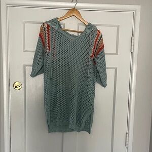 POL Teal Knit  beach cover up with Hoodie with White and Orange Accents preowned